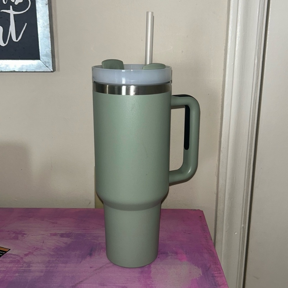 40 oz Sage Green Tumbler with Handle and Straw Lid, New Never Used